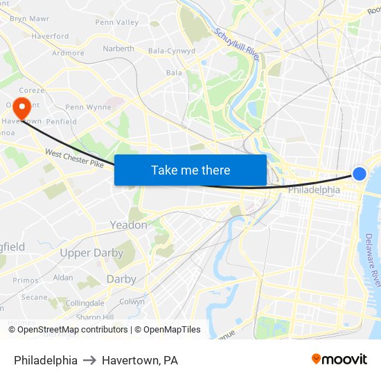 Philadelphia to Havertown, PA map