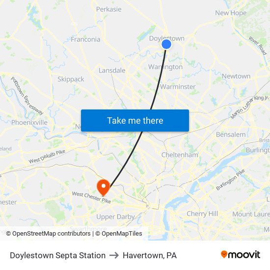 Doylestown Septa Station to Havertown, PA map