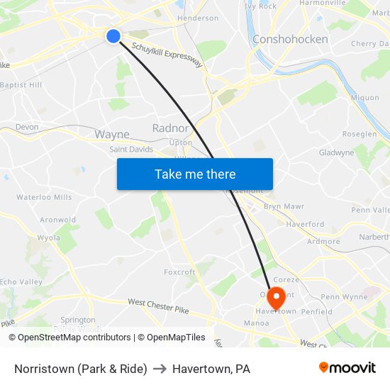 Norristown (Park & Ride) to Havertown, PA map