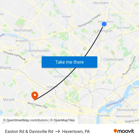 Easton Rd & Davisville Rd to Havertown, PA map