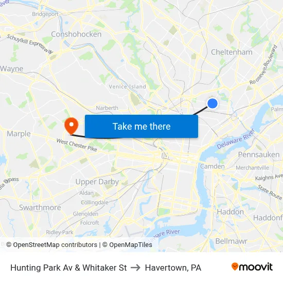 Hunting Park Av & Whitaker St to Havertown, PA map
