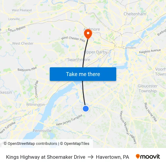 Kings Highway at Shoemaker Drive to Havertown, PA map
