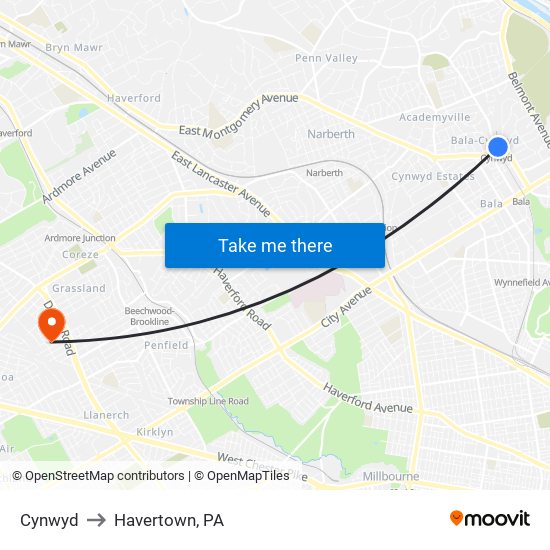 Cynwyd to Havertown, PA map