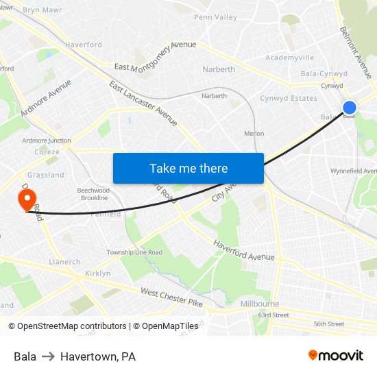 Bala to Havertown, PA map