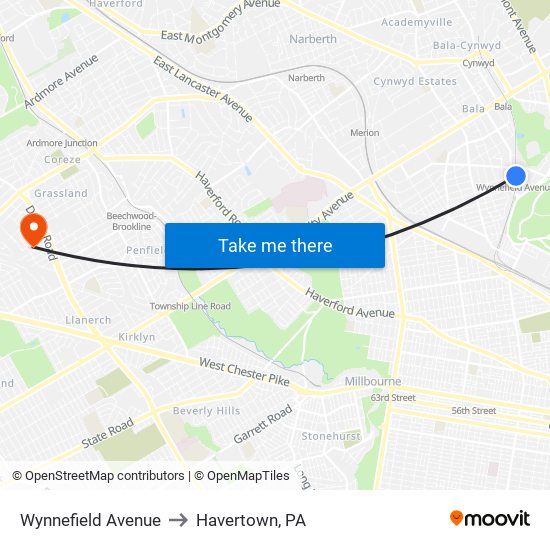 Wynnefield Avenue to Havertown, PA map