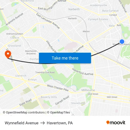 Wynnefield Avenue to Havertown, PA map