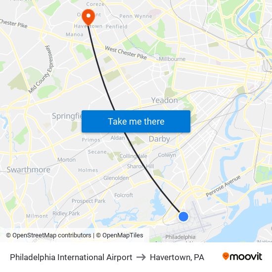 Philadelphia International Airport to Havertown, PA map