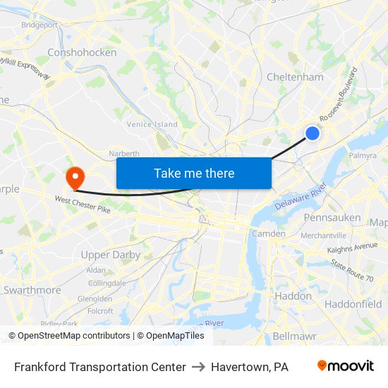 Frankford Transportation Center to Havertown, PA map