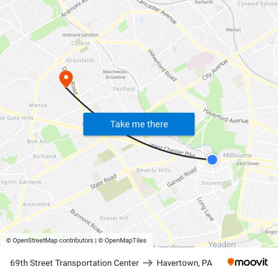 69th Street Transportation Center to Havertown, PA map