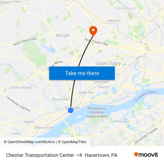 Chester Transportation Center to Havertown, PA map