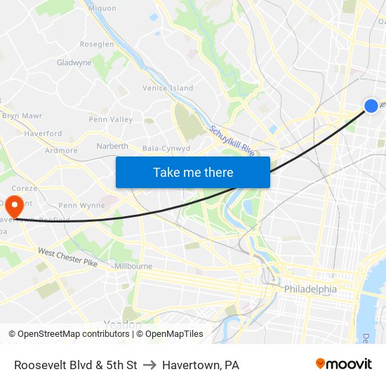 Roosevelt Blvd & 5th St to Havertown, PA map