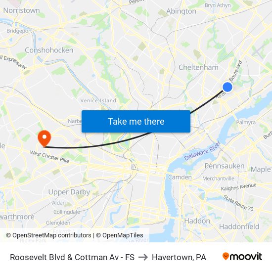 Roosevelt Blvd & Cottman Av - FS to Havertown, PA map
