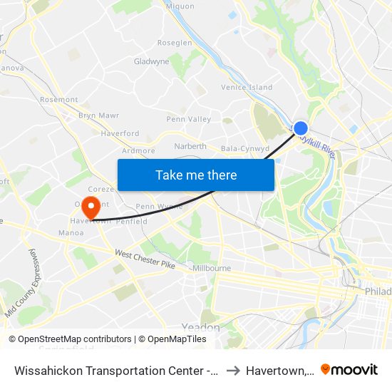 Wissahickon Transit Center to Havertown, PA map