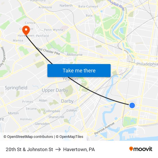 20th St & Johnston St to Havertown, PA map