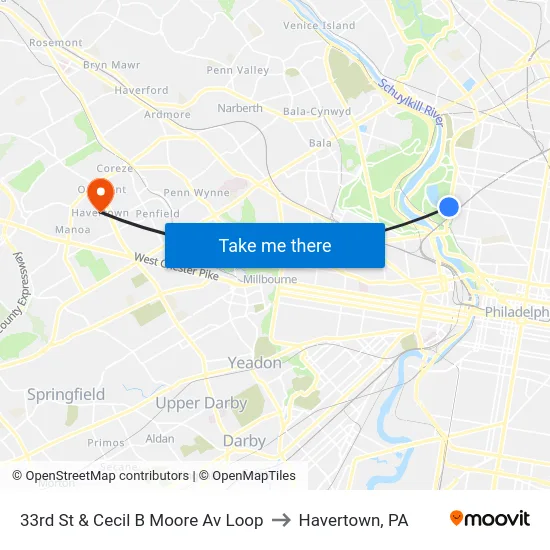 33rd St & Cecil B Moore Av Loop to Havertown, PA map