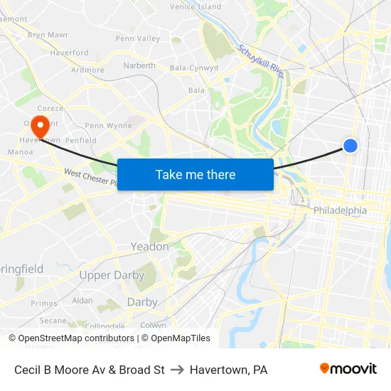Cecil B Moore Av & Broad St to Havertown, PA map