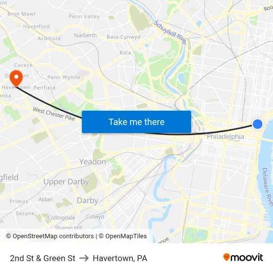 2nd St & Green St to Havertown, PA map