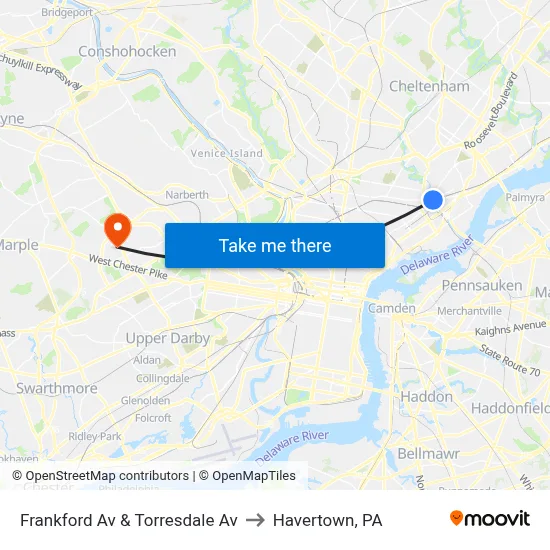 Frankford Av & Torresdale Av to Havertown, PA map