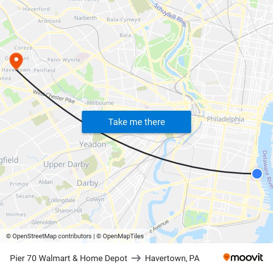 Pier 70 Walmart & Home Depot to Havertown, PA map