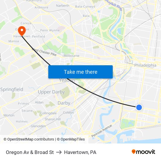 Oregon Av & Broad St to Havertown, PA map