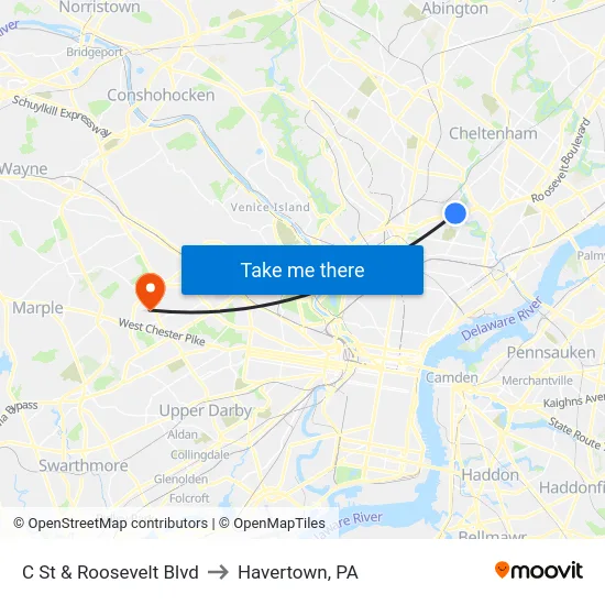 C St & Roosevelt Blvd to Havertown, PA map