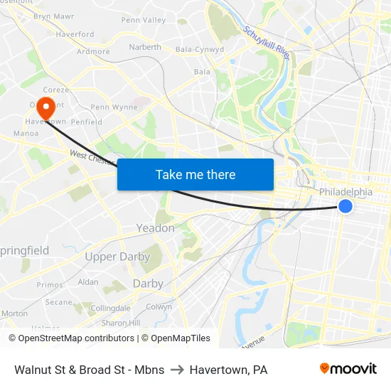 Walnut St & Broad St - Mbns to Havertown, PA map