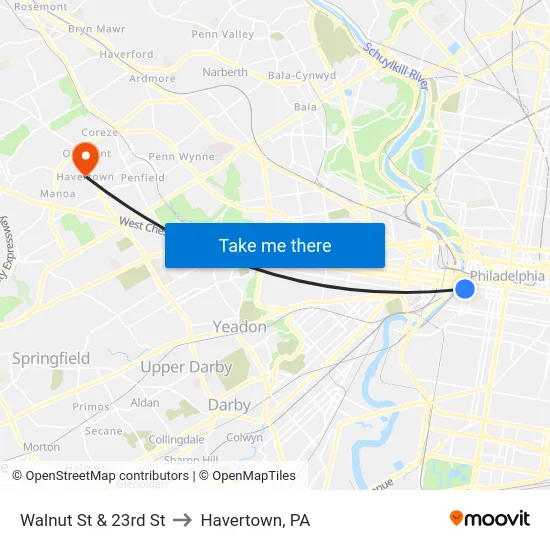 Walnut St & 23rd St to Havertown, PA map