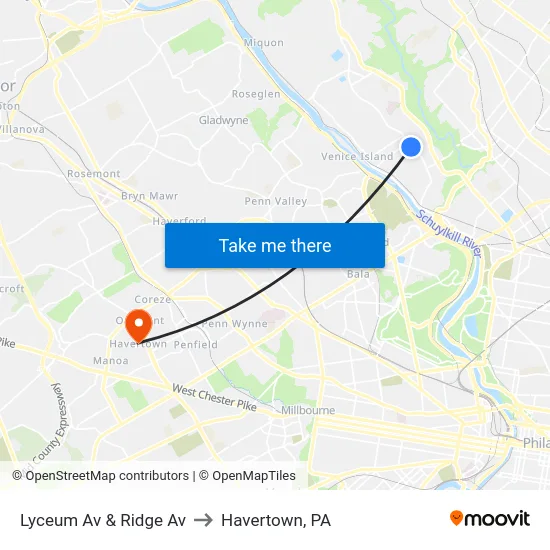 Lyceum Av & Ridge Av to Havertown, PA map