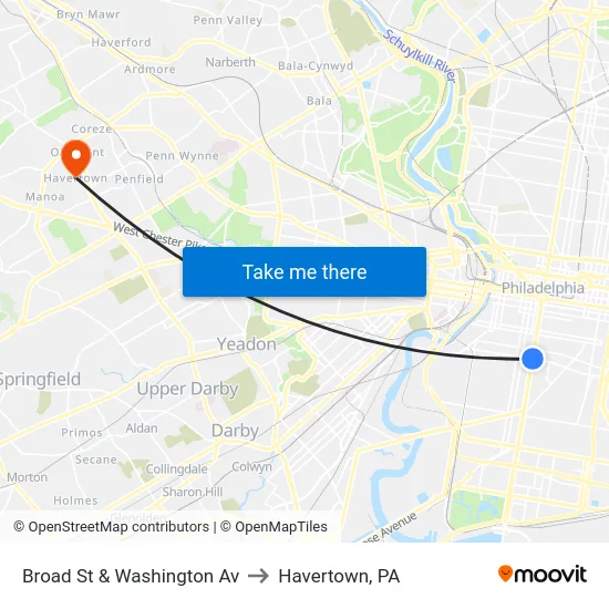 Broad St & Washington Av to Havertown, PA map