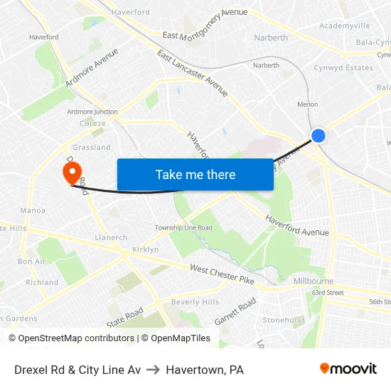 Drexel Rd & City Line Av to Havertown, PA map