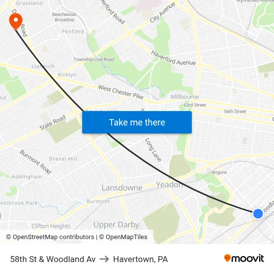 58th St & Woodland Av to Havertown, PA map