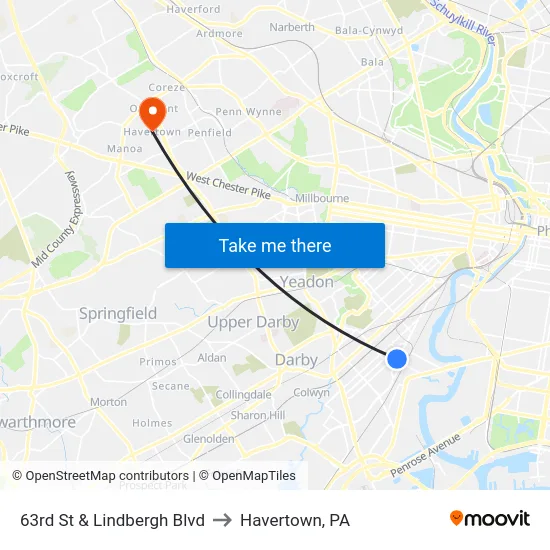 63rd St & Lindbergh Blvd to Havertown, PA map
