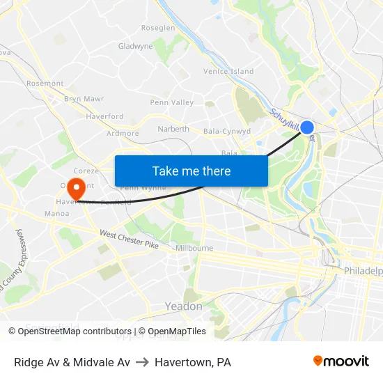 Ridge Av & Midvale Av to Havertown, PA map