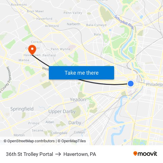 36th St Trolley Portal to Havertown, PA map