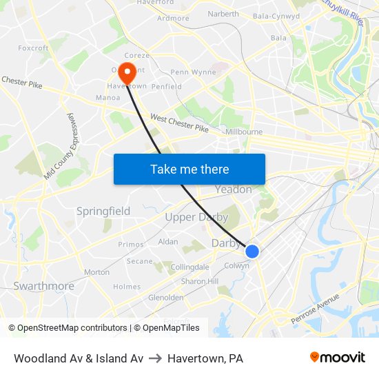 Woodland Av & Island Av to Havertown, PA map