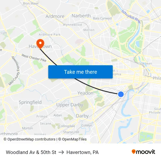 Woodland Av & 50th St to Havertown, PA map