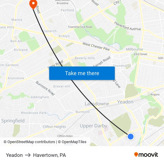 Yeadon to Havertown, PA map