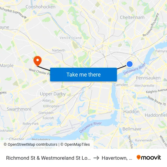 Richmond St & Westmoreland St Loop to Havertown, PA map