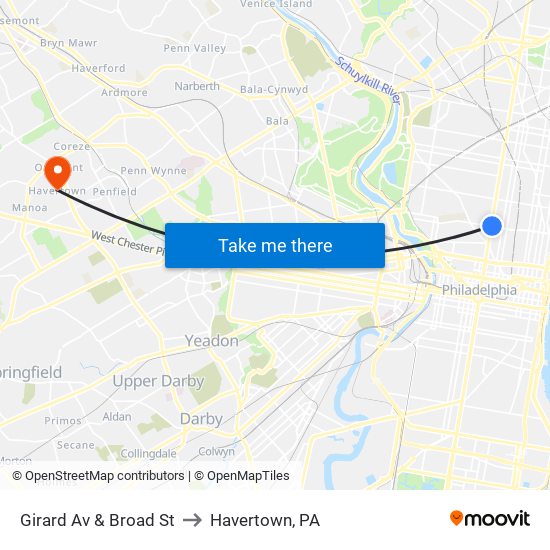 Girard Av & Broad St to Havertown, PA map