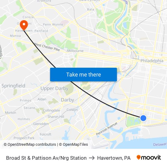 Broad St & Pattison Av/Nrg Station to Havertown, PA map