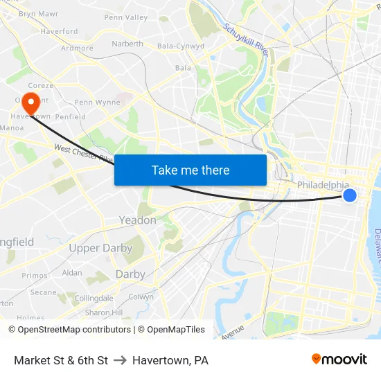 Market St & 6th St to Havertown, PA map