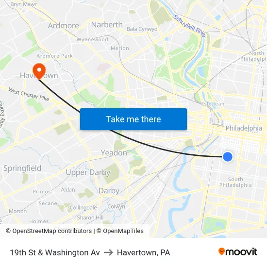19th St & Washington Av to Havertown, PA map
