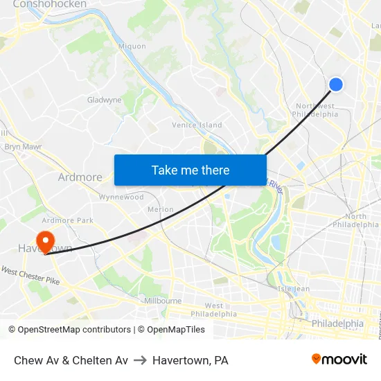 Chew Av & Chelten Av to Havertown, PA map
