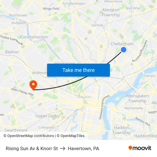 Rising Sun Av & Knorr St to Havertown, PA map