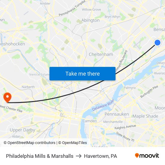 Philadelphia Mills & Marshalls to Havertown, PA map