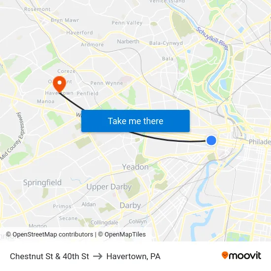 Chestnut St & 40th St to Havertown, PA map
