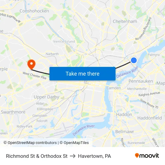 Richmond St & Orthodox St to Havertown, PA map