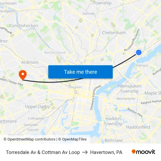 Torresdale Av & Cottman Av Loop to Havertown, PA map