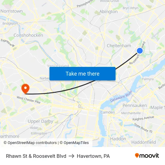 Rhawn St & Roosevelt Blvd to Havertown, PA map