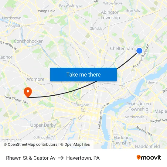 Rhawn St & Castor Av to Havertown, PA map